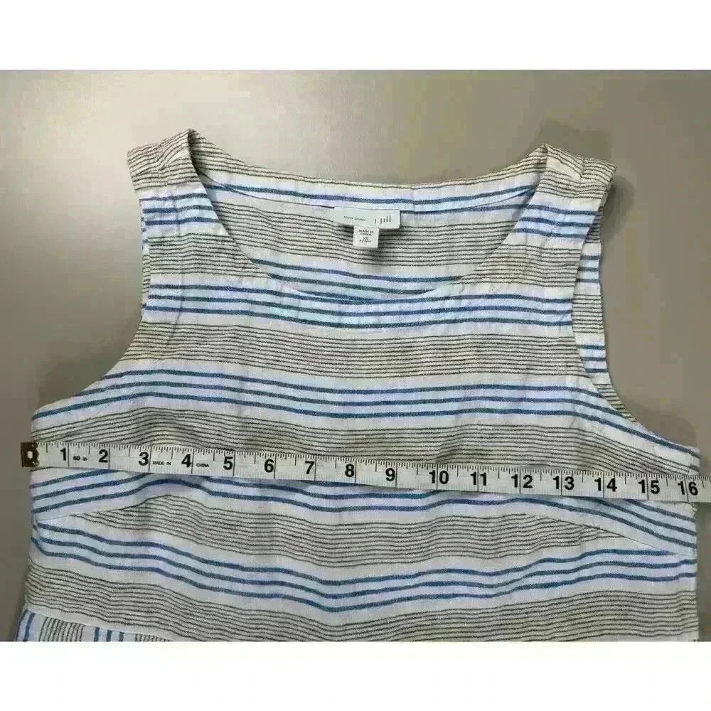 J Jill Love Linen Dress XSmall Petite Sleeveless Pockets Stripe White Blue ALine - Picture 8 of 12